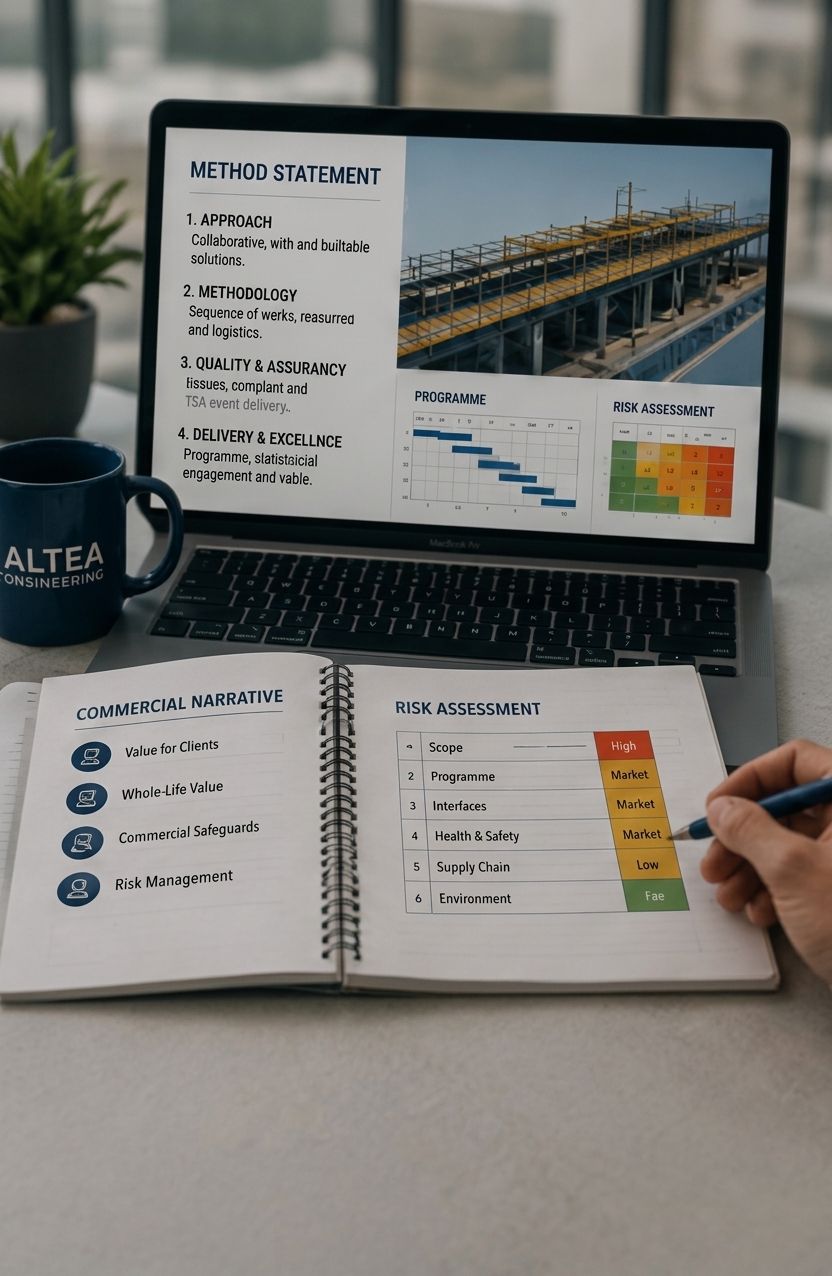 A professional desk workspace featuring a laptop displaying construction project management slides alongside an open notebook used for detailing commercial narratives and risk assessments during bid development.