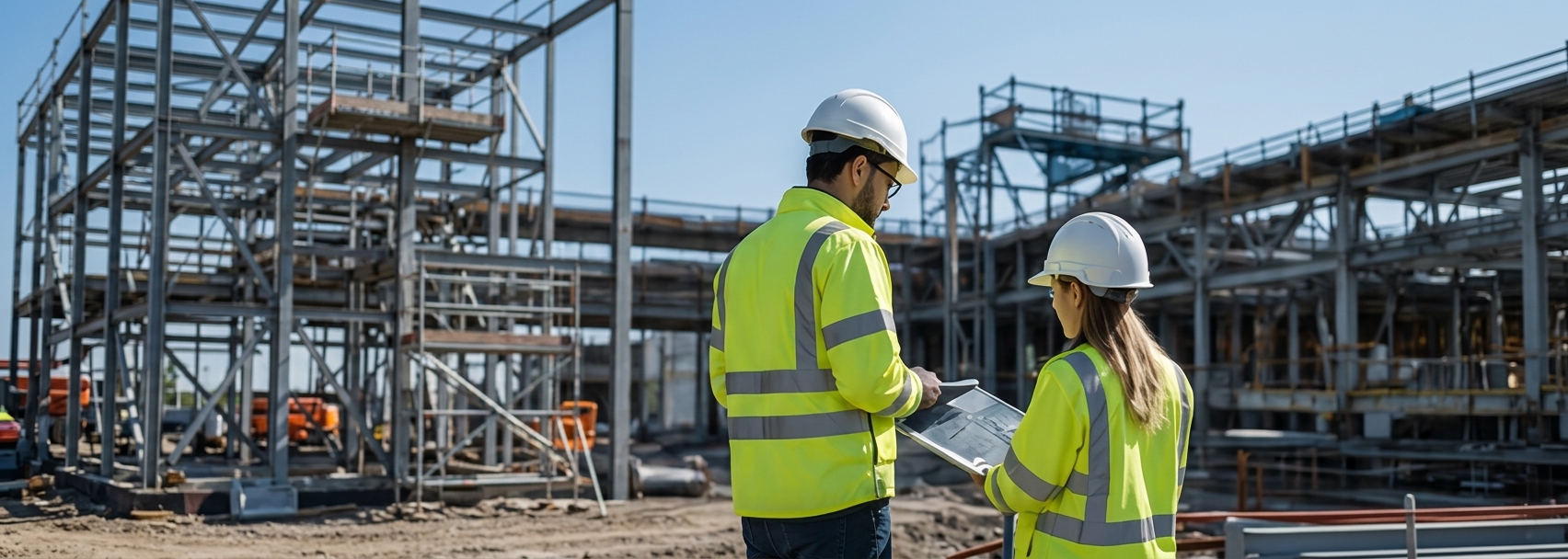 Two construction professionals in high-visibility jackets reviewing plans beside a steel-frame building site
