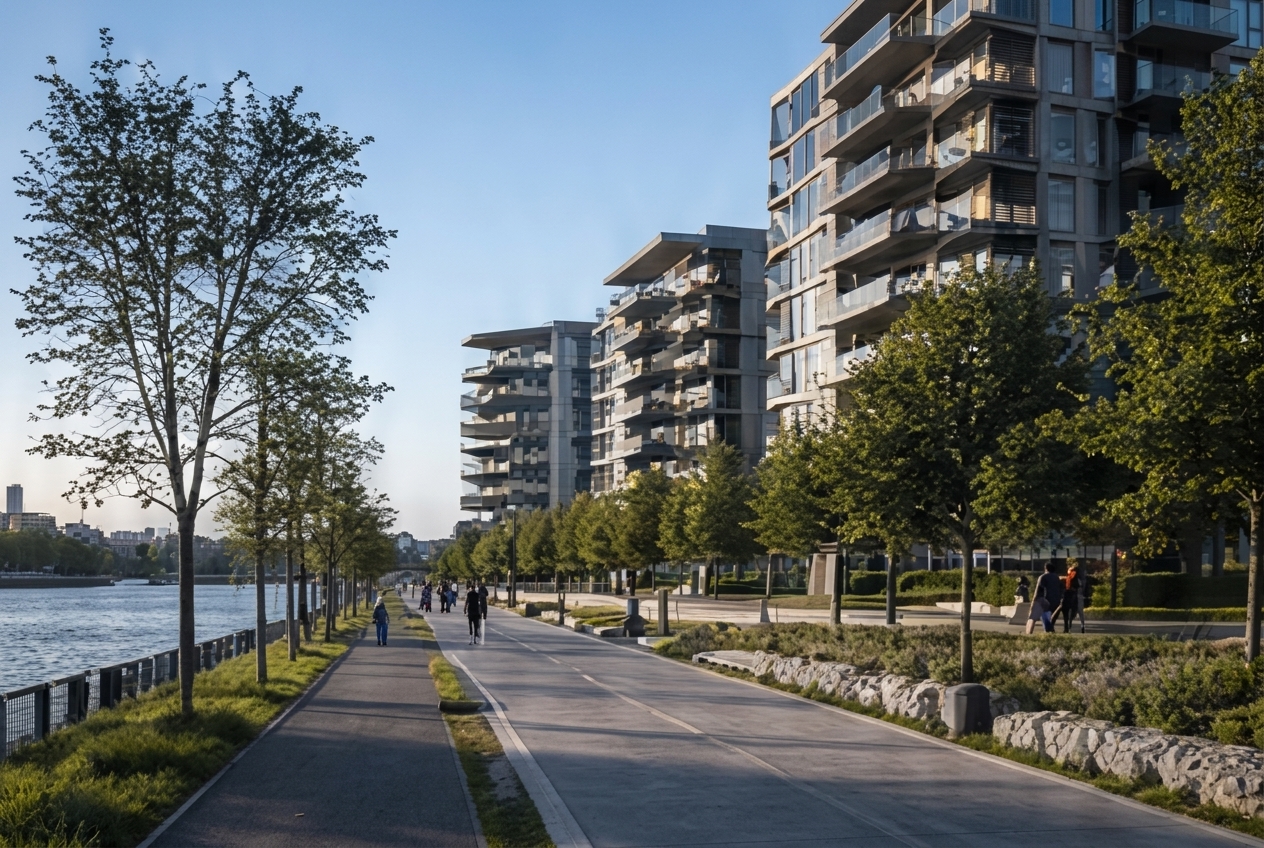 Modern riverside apartment buildings beside a tree-lined pedestrian and cycle route