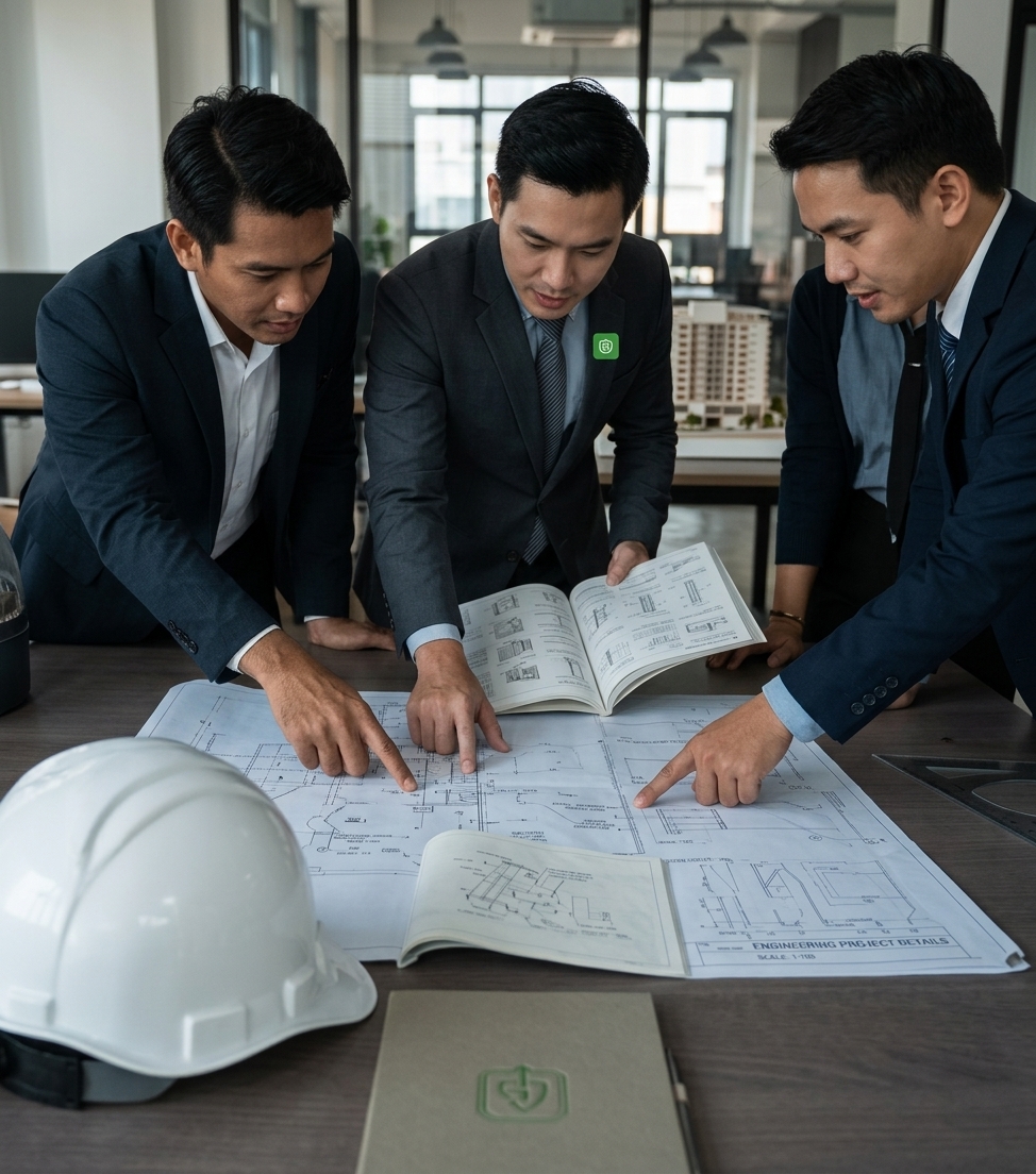 Three engineering consultants reviewing technical drawings around a table with a safety helmet