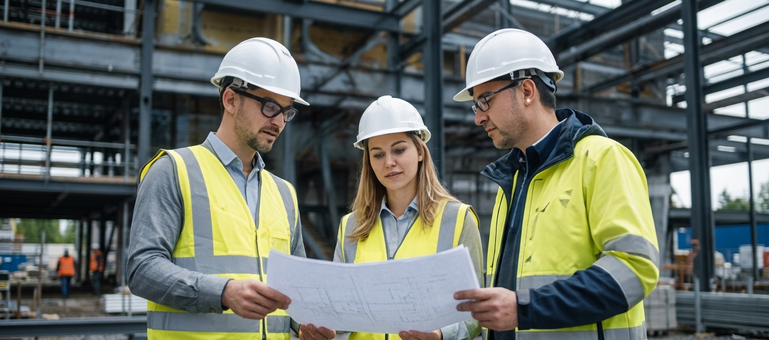 Three construction professionals wearing hard hats and high-visibility clothing reviewing a large technical drawing at a steel-frame building site